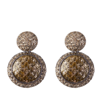 KMO-Ohrstecker, Drop, Schlangeleder khaki,, lackiert mit Kamelitte in cream-gold, frontansicht