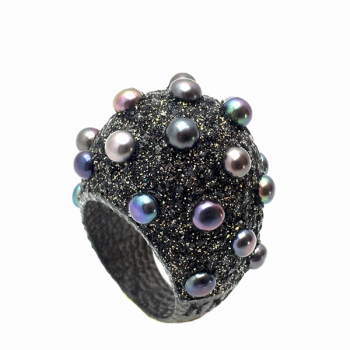 KMO 270056 Black Pearls Dome Ring, black, with kamelite stone, Pearls in different colours, top