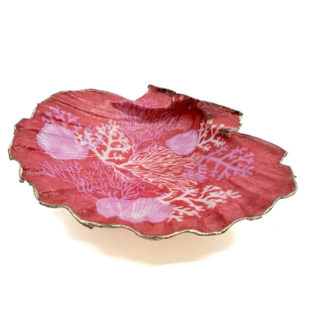 Objekt Muschelschale Jakobschmuschel bedruckt mit Koralle und Muschelmotiv in pink, rot Rand vergoldet