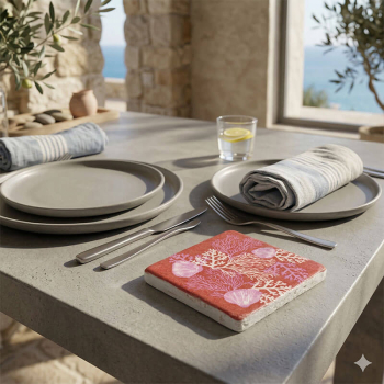 Preview: Travertin Untersetzer Corail, Koralle und Muscheln pink, rot 10x10cmstyle