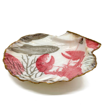 Objekt Muschelschale Jakobschmuschl bedruckt mit Lobster Rand vergoldet