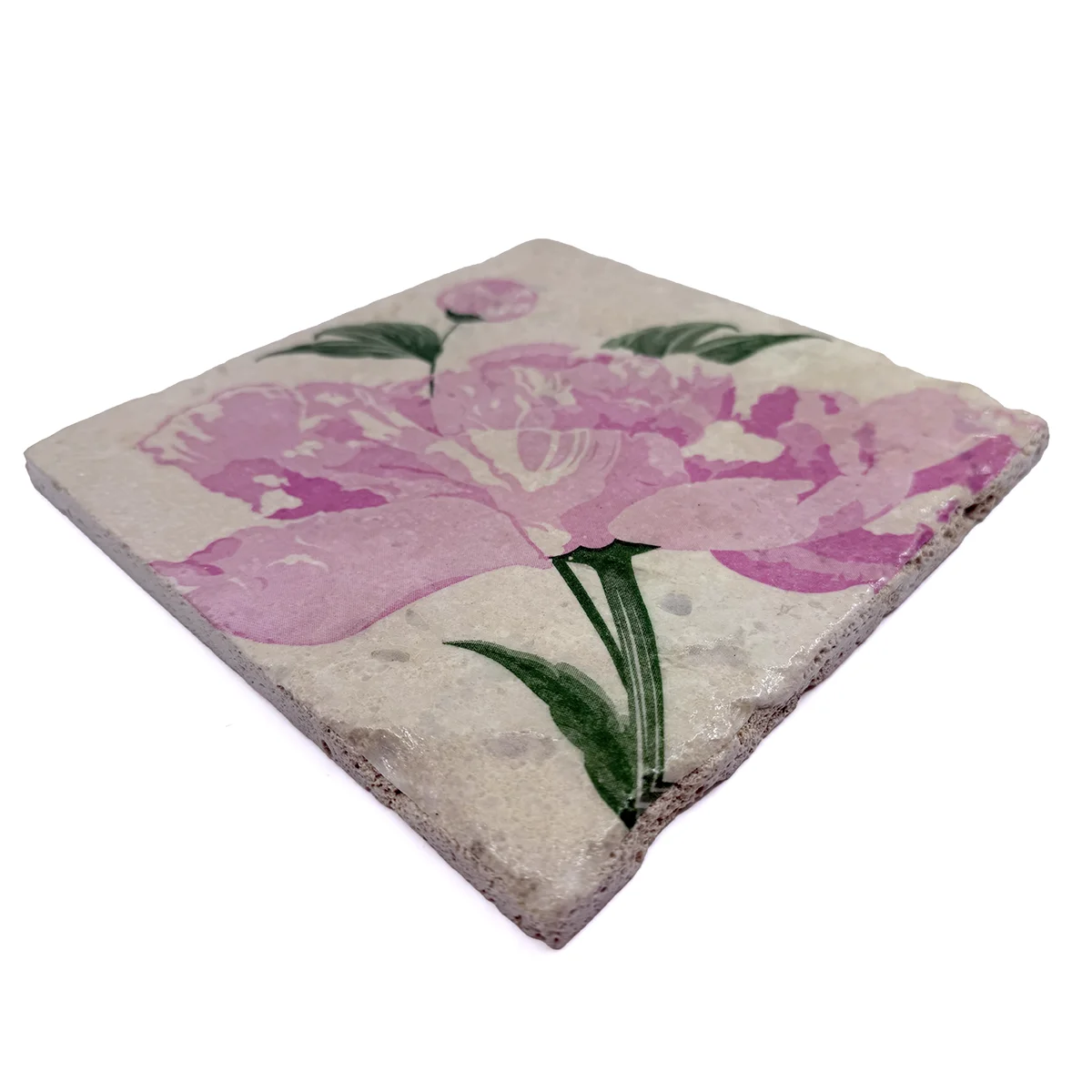 Preview: Travertin Untersetzer Pivoine Pfingstrose 20 x 20 cm von Trixi Gronau, side