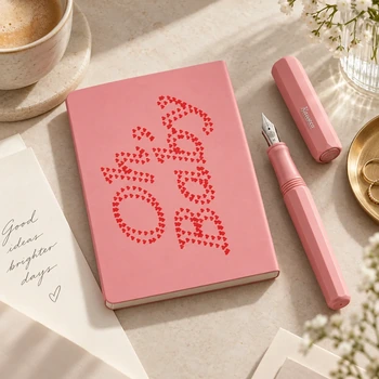 Preview: Kaweco Füllhalter PERKEO Peony Blossom mit passendem rosafarbenem Notizbuch auf hellem Schreibtisch, romantisch und hochwertig inszeniert