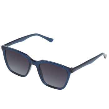 Komono Sunglasses Jay navy, blue frame with a saying on the inside of the temple, smoke lenses, side view