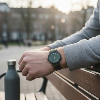 Preview: Komono Mono Fuse Grasshopper wrist watch on an athletic man's wrist, dark olive dial, yellow-black camo strap