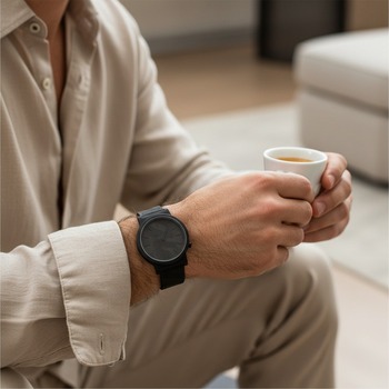 Preview: Komono Mono Tag all-black wrist watch on a modern man's wrist with beige linen shirt
