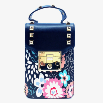 Crossbodybag Lily leather blue k with black and white strap, saddelbag design