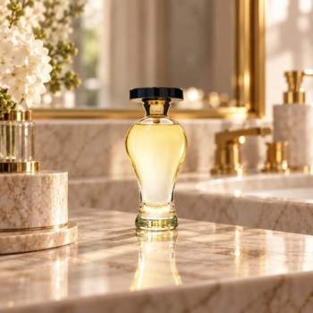 Lubin Paris Eau de Parfum KISMET, flacon with black cap on a marble washstand