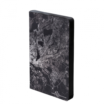 Notizbuch, matt schwarzes Flex-Cover aus recyceltem Leder Seiten grau dotte,Cover metallic silber bedruckt nightflight über Hamburg