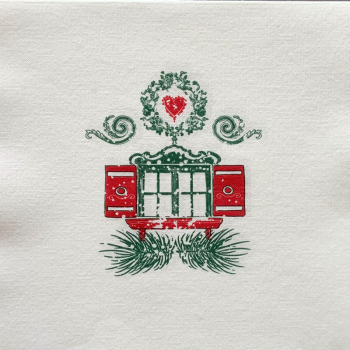 Preview: Paviot weiße Servietten bedruckt mit Chalet Motiv in grün und rot