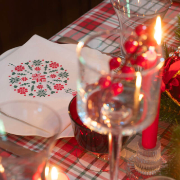 Preview: Paviot Servietten boule brodee, gestickte Weihnachtskugel, rot und grün, Tischdeko