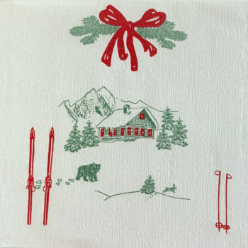 Preview: Paviot my Cabane weiße Servietten bedruckt mit Berghütte Motiv in grün und rot