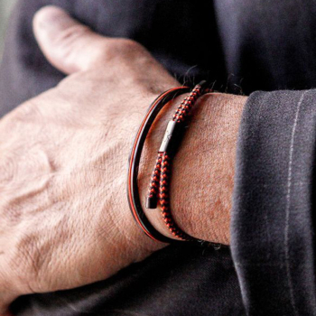 Pig& Hen, bracelet Little Lewis navy marble orange, braided nylon, closure shackle, front, black-black, style