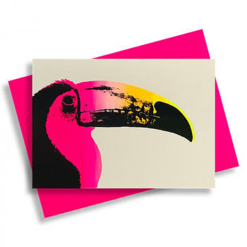 Pink Stories • Grußkarte Tucan, Neon Siebdruck, Farbe weiss, Druck rot orange, mit Umschlag