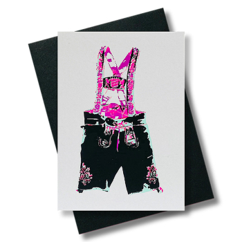 Pink Stories • Greeting Card, Trachtenhose NEON , Screen printing Fluo, orange red, with envelope