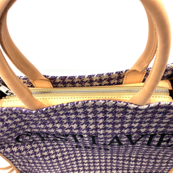 Tote Bag, Vimoda, Houndstooth, purple-creme, C'est la vie, Zipp Verschluß