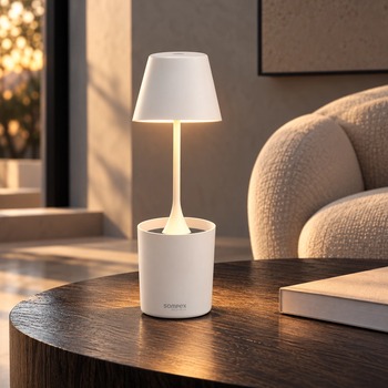 White Sompex PEEKY table lamp with warm light on a living room side table, background AI visualisation