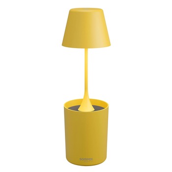 Sompex PEEKY yellow rechargeable table lamp with matching charging base, front view