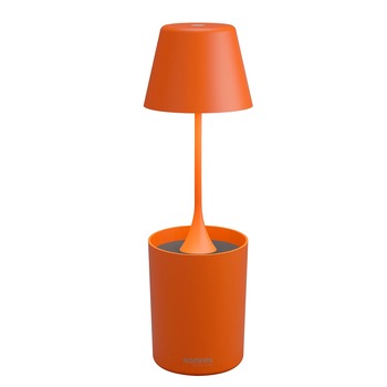 Sompex PEEKY orange rechargeable table lamp with charging base, front view