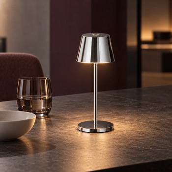 Preview: Sompex SEOUL MICRO RC chrome table lamp on a dark dining table with warm light, AI-generated interior setting