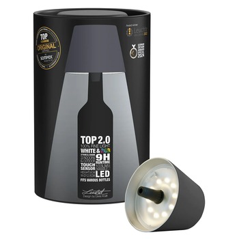 Preview: Sompex TOP 2.0 Anthrazit mit schwarzer Rundverpackung und Ansicht der warmweiß leuchtenden LED-Unterseite