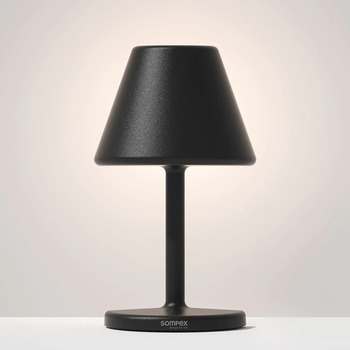 Preview: Schwarze Sompex TWIN Akku-Tischleuchte von hinten mit halbrundem Schirm und Sompex-Schriftzug