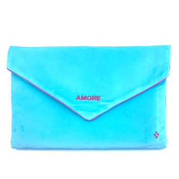Sorbet Island, Velvet Envelope Bag, Unterarm Clutch türkis, Stickerei neon pink Amore
