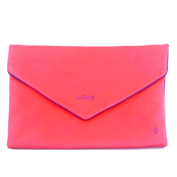 Sorbet Island, Velvet Envelope Bag, Unterarm Clutch koralle, Stickerei violett LOVE