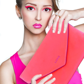 Sorbet Island, Velvet Envelope Bag, Clutch coral, embroidery violet LOVE, style