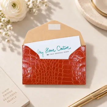 Preview: TRIXI GRONAU TESSA Croco orange als moderne Tischkarte auf elegant gedecktem Tisch, Hintergrund KI-Visualisierung