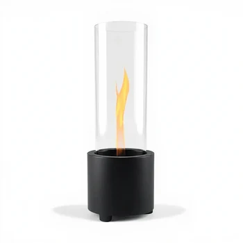 Tenderflame Cycloflame Table Black Ceramic tabletop fireplace with black ceramic base, clear glass cylinder and swirling flame