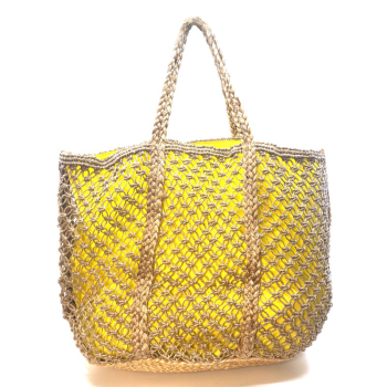 Tote bag, Weekend,gelb, Jute beige, Word Weekend appliziert, Rückseite