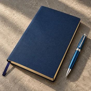 Preview: TREULEBEN Journal Refill M dotted in Dunkelblau mit Pale Gold Schnittkante, Stilfoto mit Kugelschreiber auf hellem Stein