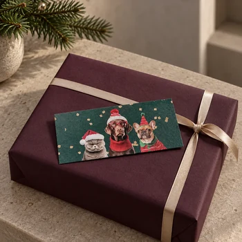 Preview: Mini-Weihnachtskarte mit drei tierischen Freunden auf auberginefarben verpacktem Geschenk