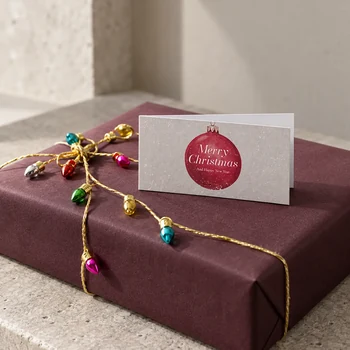 Preview: Mini-Weihnachtsklappkarte mit roter Weihnachtskugel auf Geschenk mit Vivant FAUX LIGHT Geschenkband