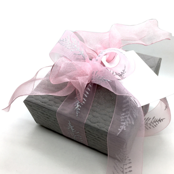 Geschenkband Frozen, Organza transparent rosa, 38mm breit, bedruckt glitter silber Blätter, style