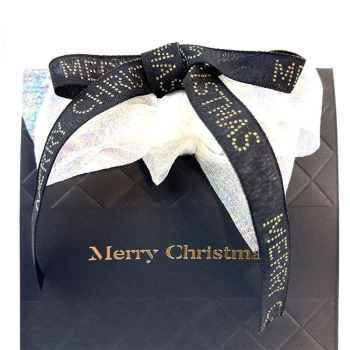 Preview: Geschenkband, MC Deluxe, schwaru mit gold Merry Christmas, 15mm,Geschenktüte