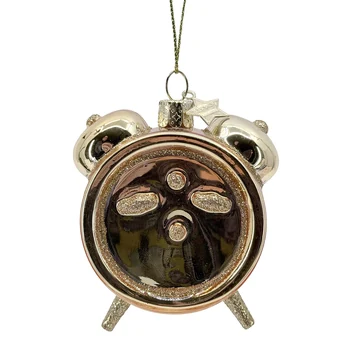 Preview: Back of Vondels gold glass alarm clock ornament with shiny finish and glitter details
