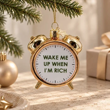 Preview: Vondels gold glass alarm clock ornament hanging from a fir branch in festive setting