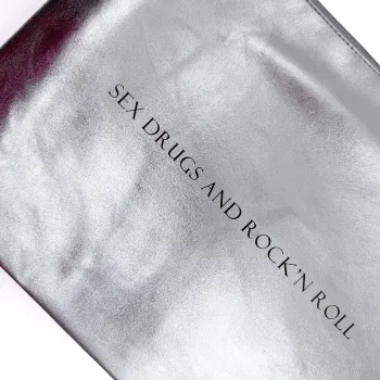 Unterarmtasche, Clutch, silber, Irisee gold, Druck sex, drugs and rock'n roll, Where Else, Text