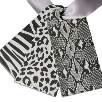 Geschenkanhänger weiß mit schwarzem Druck 3 Motive Schlange, Leo,  Zebra, mit Band