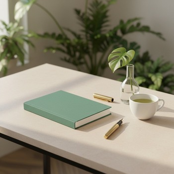 Preview: Trixi Gronau MAZZI A5 notebook Kanuba green on pale stone desk with monstera leaf and green tea