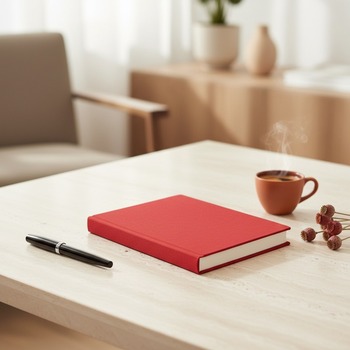 Preview: Trixi Gronau MAZZI A5 notebook Kanuba red on travertine desk with espresso and red poppies