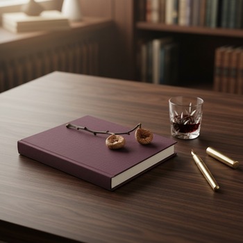 Preview: Trixi Gronau MAZZI A5 notebook Kanuba aubergine on walnut desk with red wine glass and dried fig branch
