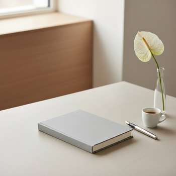 Preview: Trixi Gronau MAZZI A5 notebook Kanuba metallic grey on pale concrete desk with anthurium and espresso