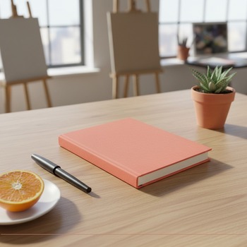 Preview: Trixi Gronau MAZZI A5 notebook Kanuba orange on oak desk with orange slice and succulent