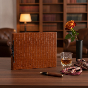 Preview: Trixi Gronau CALLA Fotoalbum A4 cognac-braun Dakar Krokoprägung mit schwarzer Lederkordel-Bindung auf Walnussholz mit Cognac, dunkler Rose, Messing-Füllfederhalter und Paisley-Seidentuch