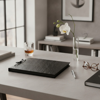Preview: Trixi Gronau CALLA Fotoalbum A4 matt-schwarz Dakar Krokoprägung mit schwarzer Lederkordel-Bindung auf hellem Betontisch mit Whisky, weisser Orchidee, Stahlstift und Schildpattbrille im modernen Studio