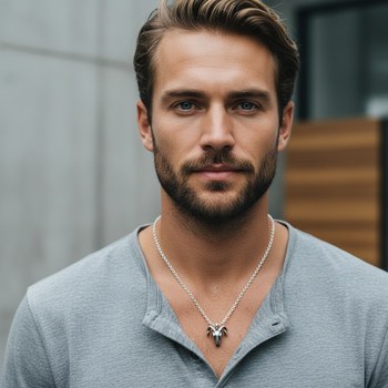 Preview: Capulet WIDDER Anhaenger in Sterling Silber an Silberkette, getragen von jungem Mann mit Stoppelbart und grauem Henley. Kuehles Tageslicht, klare Editorial-Stimmung fuer den Sternzeichen-Anhaenger. Handgefertigter Schmuck im Trixi Gronau Concept Store, Ha