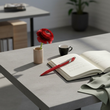 Preview: Caran d'Ache 849 COLORMAT-X Kugelschreiber in glaenzendem Rot auf modernem Beton-Schreibtisch mit Moleskine-Notizbuch, roter Ranunkel, Espresso und Leinenserviette in salbeigruen. Stilvolles Kreativ-Studio. Trixi Gronau Concept Store, Hamburg-Lokstedt.